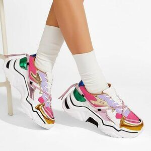 (US 8)LUCKY STEP Women's Platform Colorful Fashion Sneakers Retro Colorblock